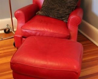 Crate & Barrel red leather chair & ottoman
