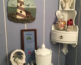 Lighthouse wall hanging, knick nacks, decorative shelf.