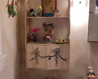 Frog figurines, knick nacks, decorative shelves