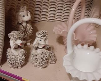 Poodle figurines, milk glass decorative baskets