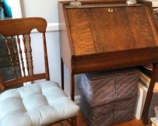 Oak Drop Leaf Desk and Cane Chair (Seat needs repair)