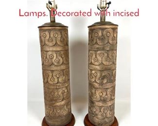 Lot 99 Pair TIC for Raymor Table Lamps. Decorated with incised