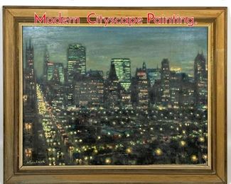 Lot 406 Signed Neubers Mid Century Modern Cityscape Painting. 