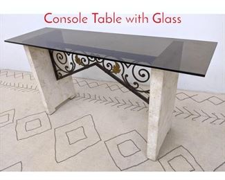 Lot 456 Decorator Travertine and Iron Console Table with Glass 