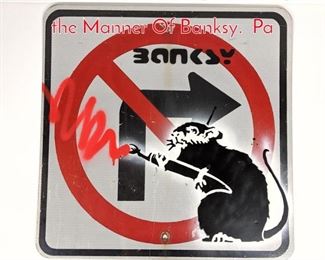 Lot 495 Graffiti Rat Sign Painting in the Manner Of Banksy. Pa