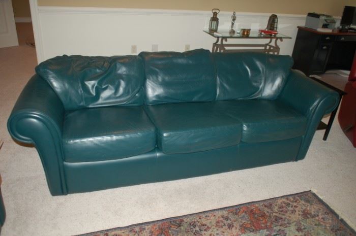 Blue leather sofa, Krause Castro, 88" W x 37" D x 28" H

