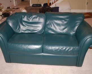 Blue leather love seat, Krause Castro, 60" W x 37" D x 28" H
