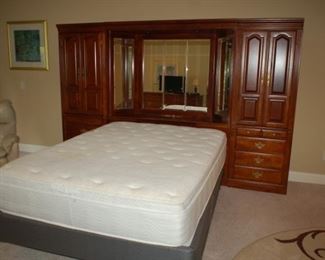 Queen Bed with cherry wood headboard/cabinet Michael Howard, 117" W x 19" D x 76" H
