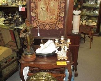 Firescreen , Mahogany Inlaid Parlor Table, Spelter Statue
