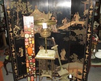 Asian Lacquered Screen, Eastlake Brass Floor Lamp