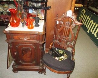 Walnut Renaissance Half Commode w/ Marble Top, Victorian Walnut Slipper CHair w/ Lyre