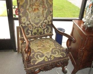 French Style High Back Arm Chair w/ Period Textile Needlepoint