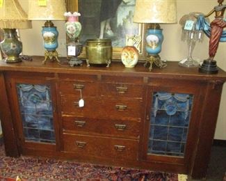 Arts & Crafts Built In Buffet w/ Cobalt Stain Glass w/ Jewels