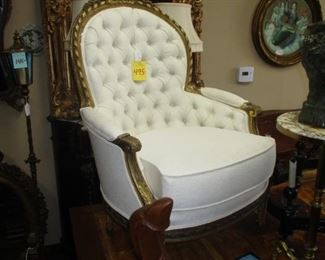 Newly Upholstered French Parlor Chair with Gilt Finish