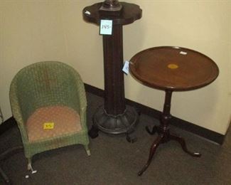 Vintage Childs Wicker Rocker, Mahogany Pedestal, Piecrest Mahogany Table with Inlaid Marquetry 
