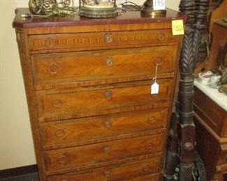 19th Century French Highboy Chest of Drawers w/ Marquetry & Rouge Marble Top