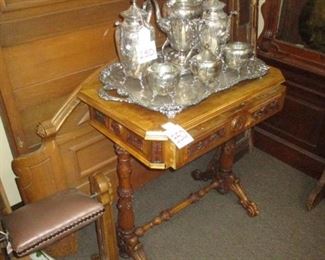 Silverplated Tea Service, Aesthetic Victorian Carved Sewing Table