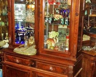 Egyptian Revival Victorian Walnut China Cabinet w/ Desk 