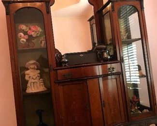 English 1900’s Solid Ornate Wood Display Cabinet with Built in Mirror