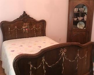 French Antique Hand Painted Full Size Walnut Bed 