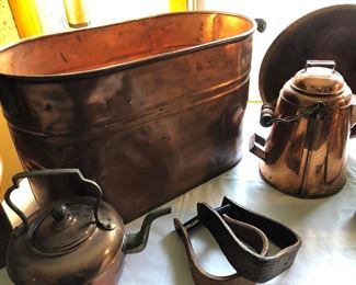 Many copper pieces- boiler, kettles, pots on stands
