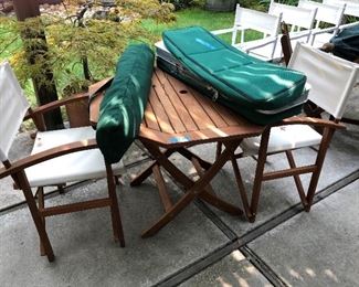 SMALL REDWOOD PATIO TABLE AND 2 CHAIRS, WITH UMBRELLA