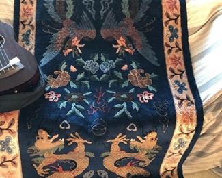VINTAGE CHINESE SILK RUG, PHOENIX BIRD DESIGN, 3X5, HAS WOODEN BAR IN BACK FOR HANGING. NOT WALKED ON !