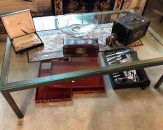 MODERN GLASS COFFEE TABLE, ANTIQUE MAH JONG SET IN BOX, SET OF SILVERPLATE FLATWARE, LACQUER TRAYS