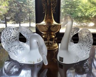 Pair of Lalique crystal swans