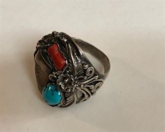 Sterling Turquoise & Coral Indian Jewelry Ring