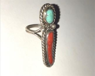 Sterling Turquoise & Coral Indian Jewelry Ring