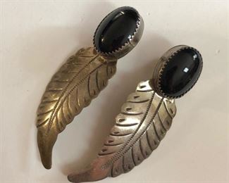Sterling Black Onyx Feather Pierced Earrings