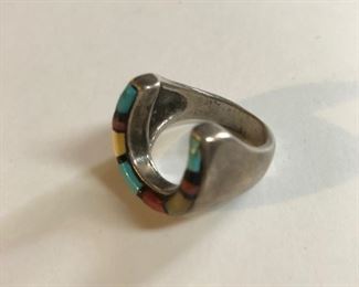 Sterling Turquoise, Coral, Indian Horseshoe Ring