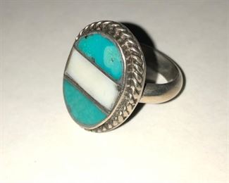 Sterling Turquoise, Mother Of Pearl Indian Ring 