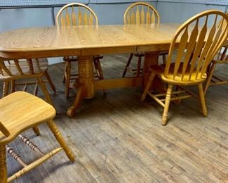 Base View: Oak Table, veneer top 59", 2 leaves 18" each  6 Chairs (T048) 