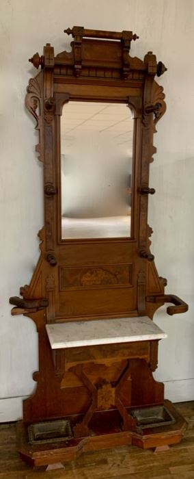 CLEARANCE !  $75.00 NOW, WAS $200.00............Antique Coat Tree Foyer Stand with Marble, one side rack needs reattaching, good condition otherwise 36" x 12", 83" tall (M001)