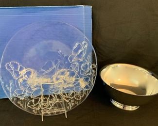 HALF OFF !  $6.00 NOW, WAS $12.00............Glass Platter and Silver Bowl (T083)