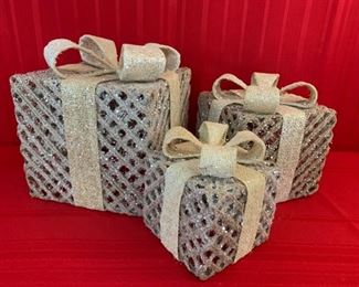 CLEARANCE  !  $3.00 NOW, WAS $12.00 EACH SET OF 3........................set of 3 glitter Christmas boxes 3 sets available, 9" tall (T248) 
