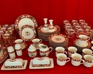 REDUCED!  $600.00 NOW, WAS $800.00.............HUGE Service for 12 and more Charlton  Hall by Kobe Christmas China Set , Placemats, 24 Glasses, Serving Bowls and Platters Included!  Adorable Set! (T234)