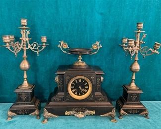 CLEARANCE !  $300.00 NOW, WAS $800.00..........Antique French Black Marble & Gilt Mantle Clock and Candelabra Garniture , glass on clock face needs replacing , extremely heavy (T237)