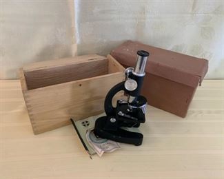 CLEARANCE  !  $6.00 NOW, WAS $25.00..........Vintage Adams Microscope with Wooden Box and Original Box 8" tall (M257)
