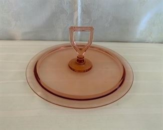 CLEARANCE  !  $4.00 NOW, WAS $14.00...........Pink Depression Glass Serving Tray with Handle (M252)