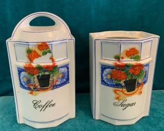 HALF OFF !  $8.00 NOW, WAS $16.00................Vintage Coffee and Sugar Canisters, one lid missing        8 1/2" tall (M306)