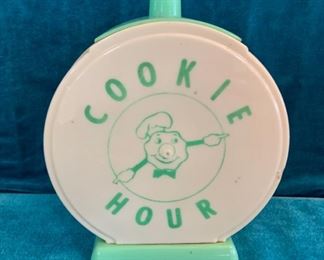 HALF OFF !  $7.00 NOW, WAS $14.00..................Vintage Plastic Cookie Hour Cookie Jar 4 1/2" tall , clock hands missing, as is (M296)