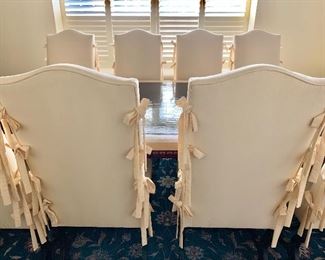 $225 each - Custom, upholstered cream dining chairs. 4 side chairs left; 46H x 22W x 20 D. Seat height: 19 inches