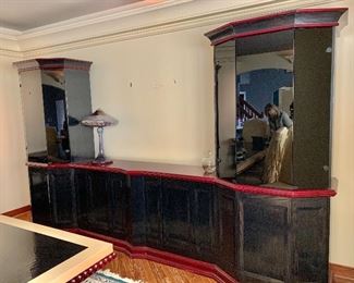 $600 - Credenza and display cabinet. Overall 149” Long. Center 73” W x 17”D x 37”H, Side cabinets 84” H x 22” D - LAMP SOLD