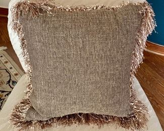 $30 - Linen, poly filled pillow with fringe trim; approx 18” square