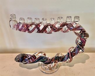 $250 - Signed, art glass Menorah; 11” H x 14” W