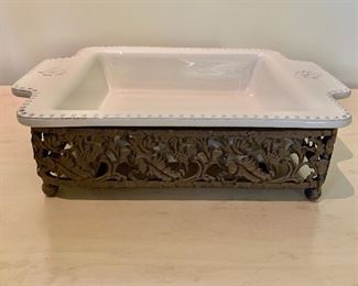 $40 - Square ceramic baking dish with metalware base; 8” x 8” dish (overall dimensions 10” x 13” x 3”)