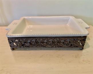 $40 - Rectangular ceramic baking dish with metalware stand. Overall 16.5” x 10” x 3”